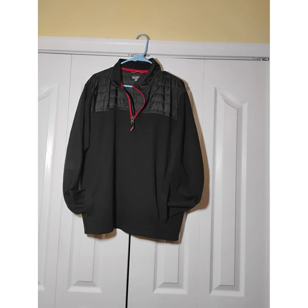 Eddie Bauer Mens Black Quarter Zip Pullover Quilted Yoke Mixed Media Sweater XL